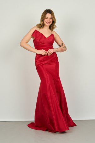 Şeref Vural Kadın Asimetrik Yaka Balık Form Abiye Elbise 8246 Kırmızı - 3