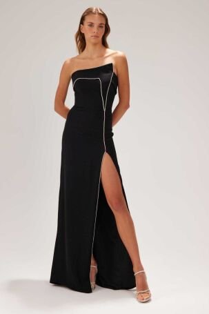 Şeref Vural Kadın Asimetrik Yaka Şerit Taşlı Krep Abiye Elbise 8169 Siyah - 1
