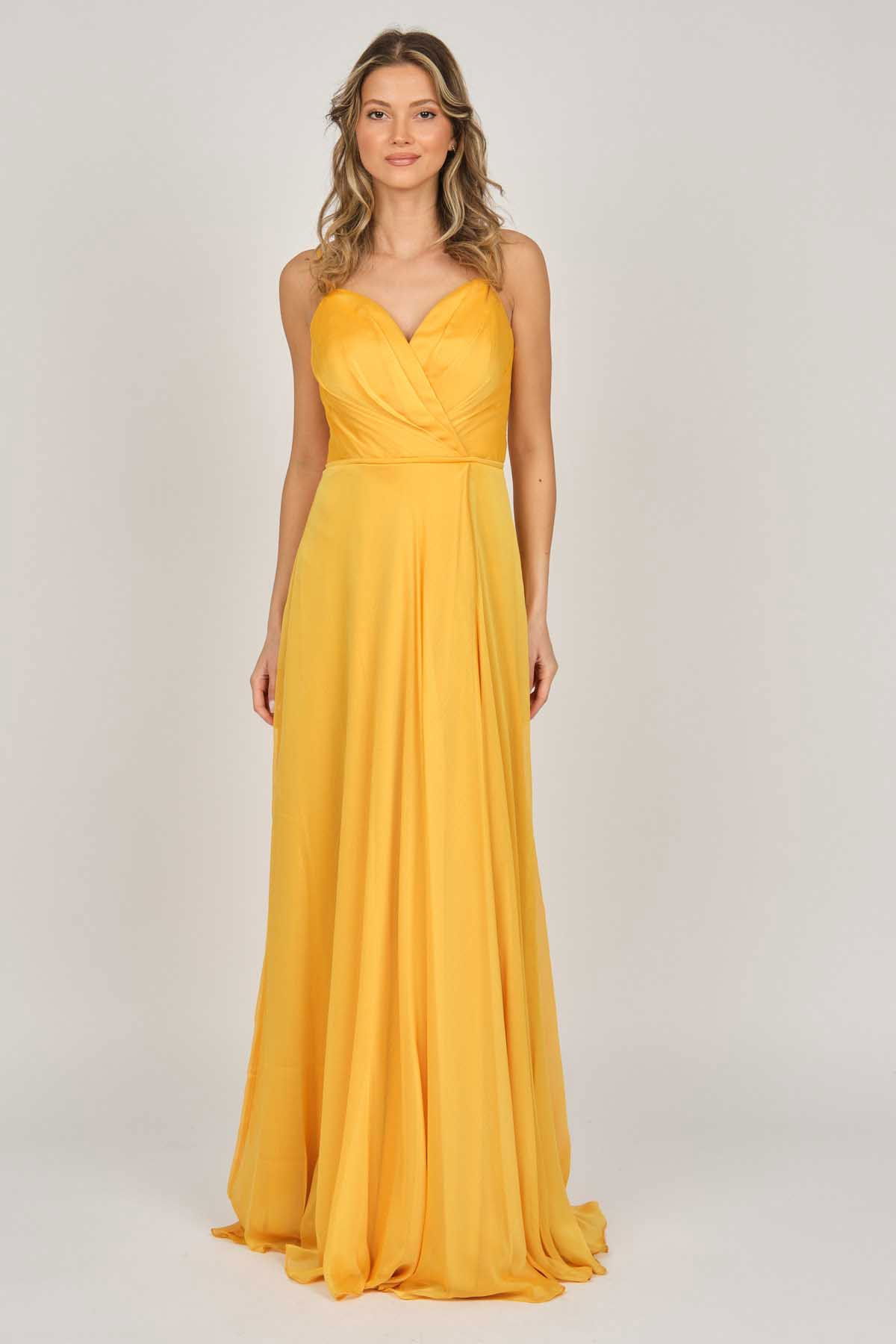 Şeref Vural Kadın Askılı Şifon Abiye Elbise 5437817 Safran - 1