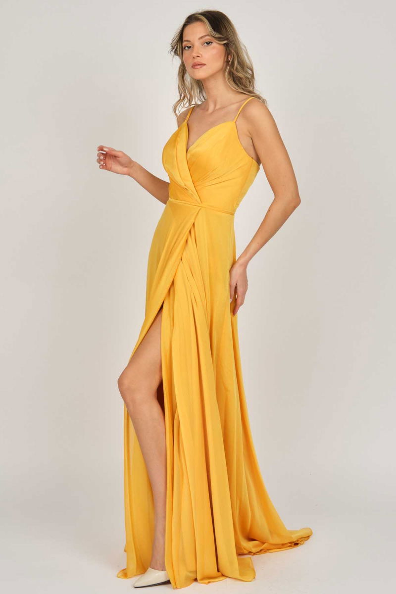 Şeref Vural Kadın Askılı Şifon Abiye Elbise 5437817 Safran - 4