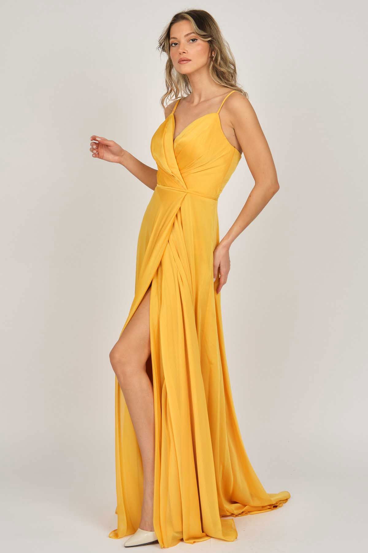 Şeref Vural Kadın Askılı Şifon Abiye Elbise 5437817 Safran - 4