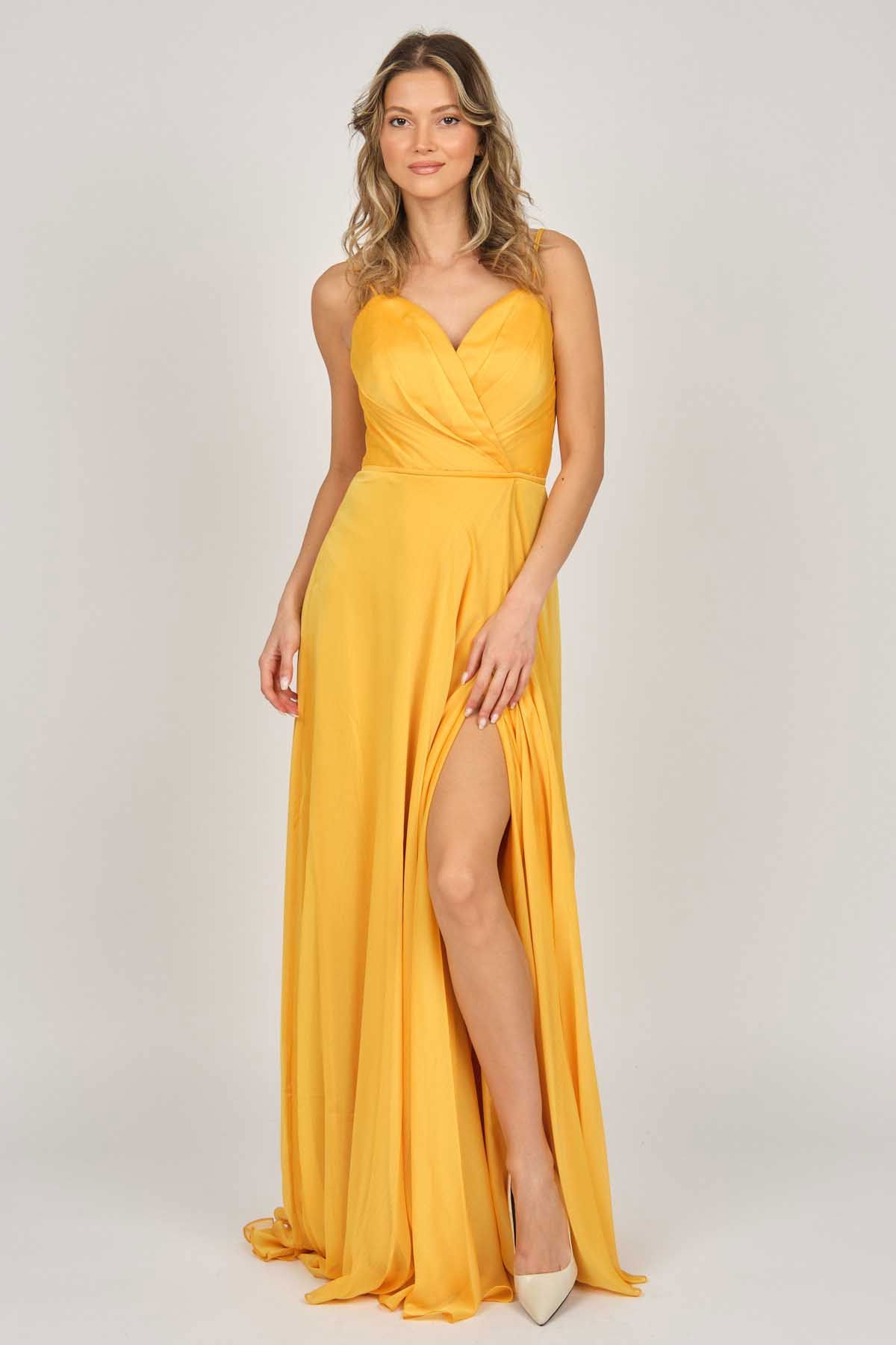 Şeref Vural Kadın Askılı Şifon Abiye Elbise 5437817 Safran - 6