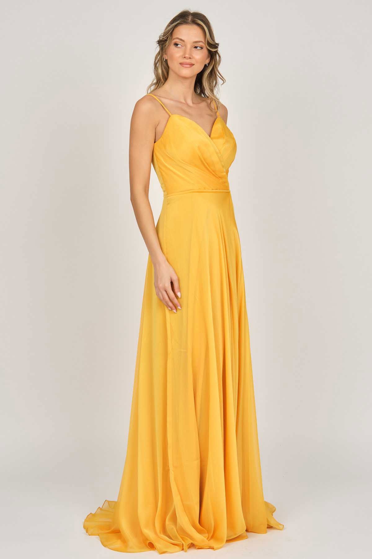 Şeref Vural Kadın Askılı Şifon Abiye Elbise 5437817 Safran - 7