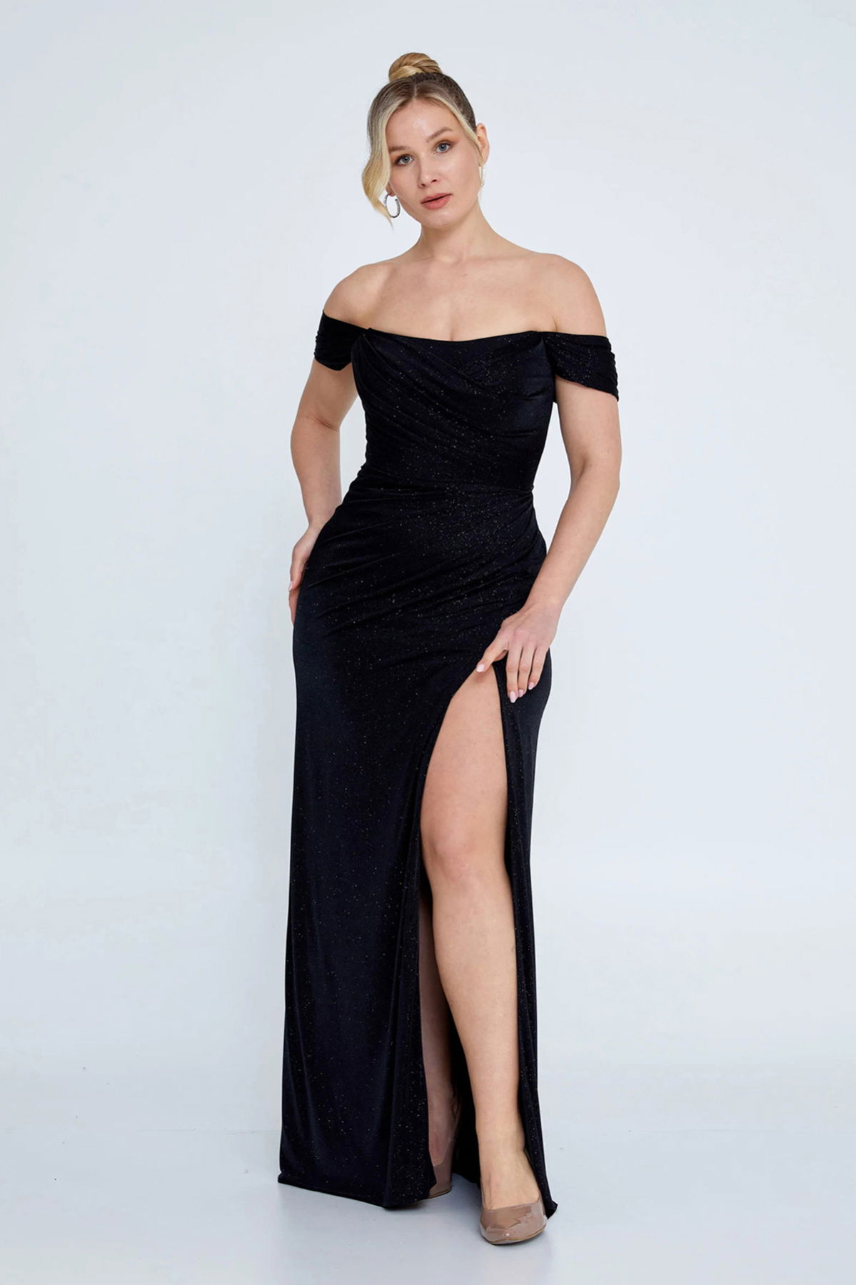 Şeref Vural Kadın Büyük Beden Düşük Omuz Derin Yırtmaçlı Balık Form Abiye Elbise 8212 Siyah - 1