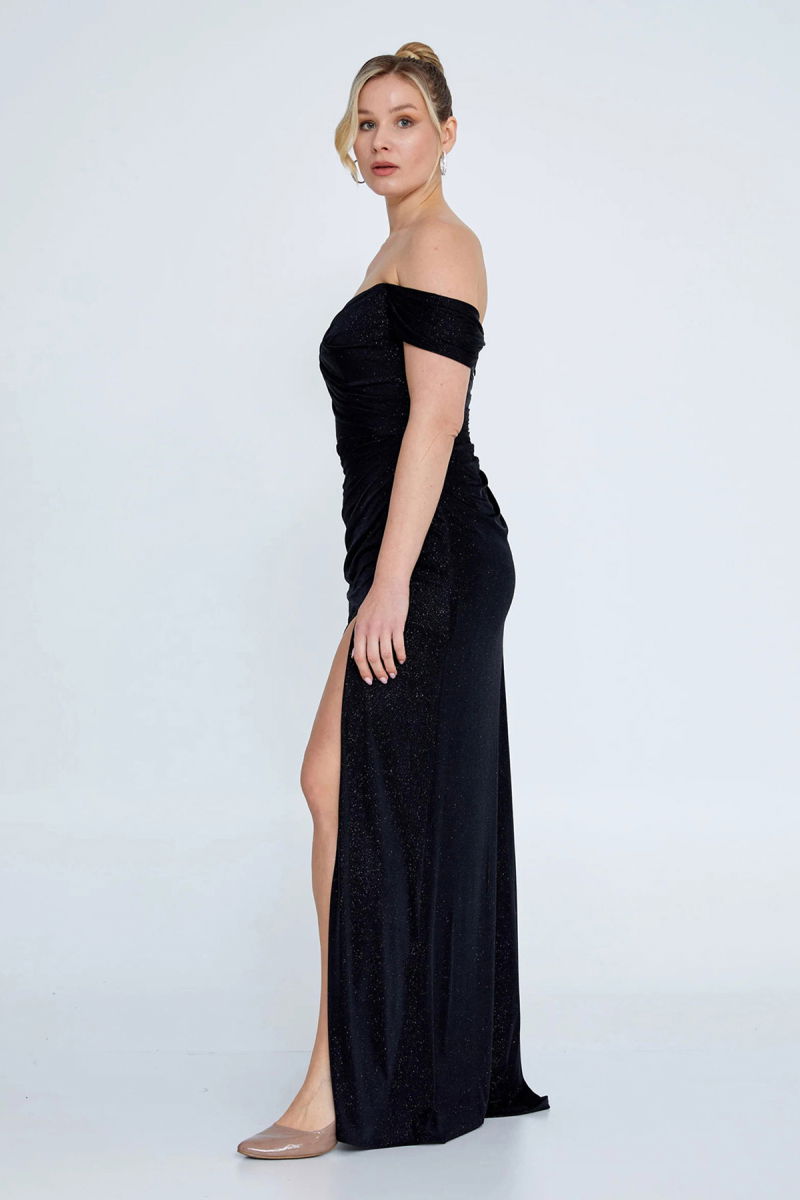 Şeref Vural Kadın Büyük Beden Düşük Omuz Derin Yırtmaçlı Balık Form Abiye Elbise 8212 Siyah - 2