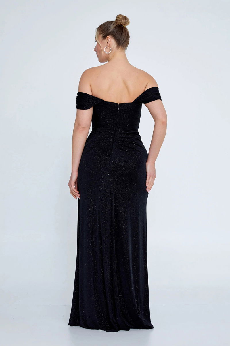 Şeref Vural Kadın Büyük Beden Düşük Omuz Derin Yırtmaçlı Balık Form Abiye Elbise 8212 Siyah - 4