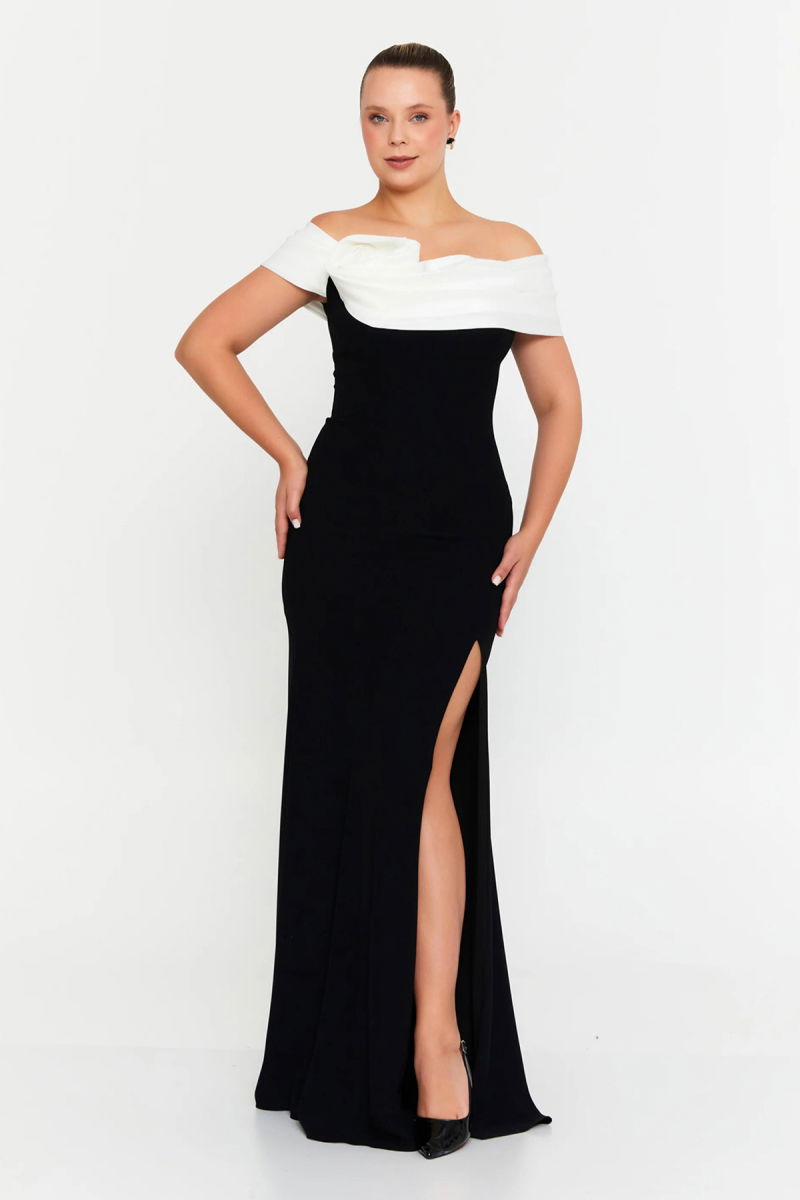 Şeref Vural Kadın Büyük Beden Madonna Yaka Derin Yırtmaçlı Balık Form Abiye Elbise 8318 Siyah-Beyaz - Şeref Vural