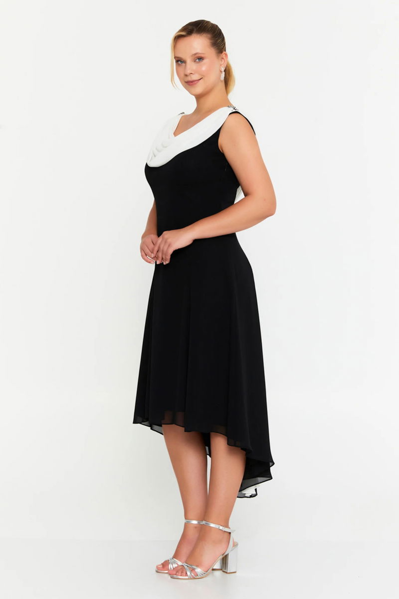 Şeref Vural Kadın Büyük Beden Omzu Taşlı Degaje Yaka Midi Abiye Elbise 6783 Siyah - 2