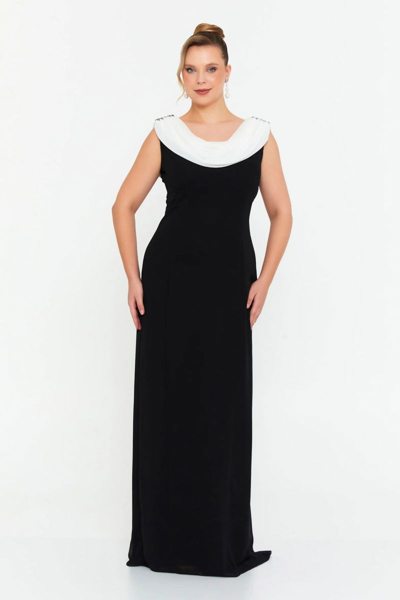 Şeref Vural Kadın Büyük Beden Omzu Taşlı Degaje Yaka Uzun Abiye Elbise 6526 Siyah - Şeref Vural