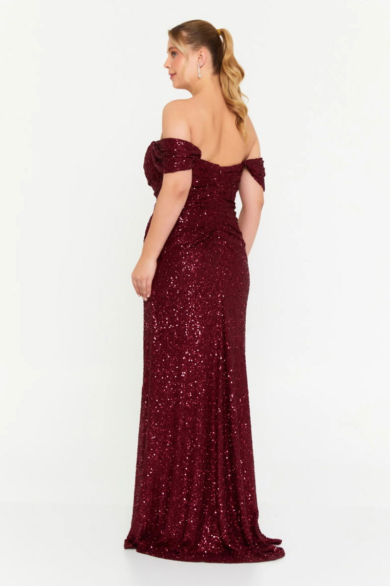 Şeref Vural Kadın Büyük Beden Pul Payet Düşük Omuz Maxi Abiye Elbise 8393 Bordo - 4