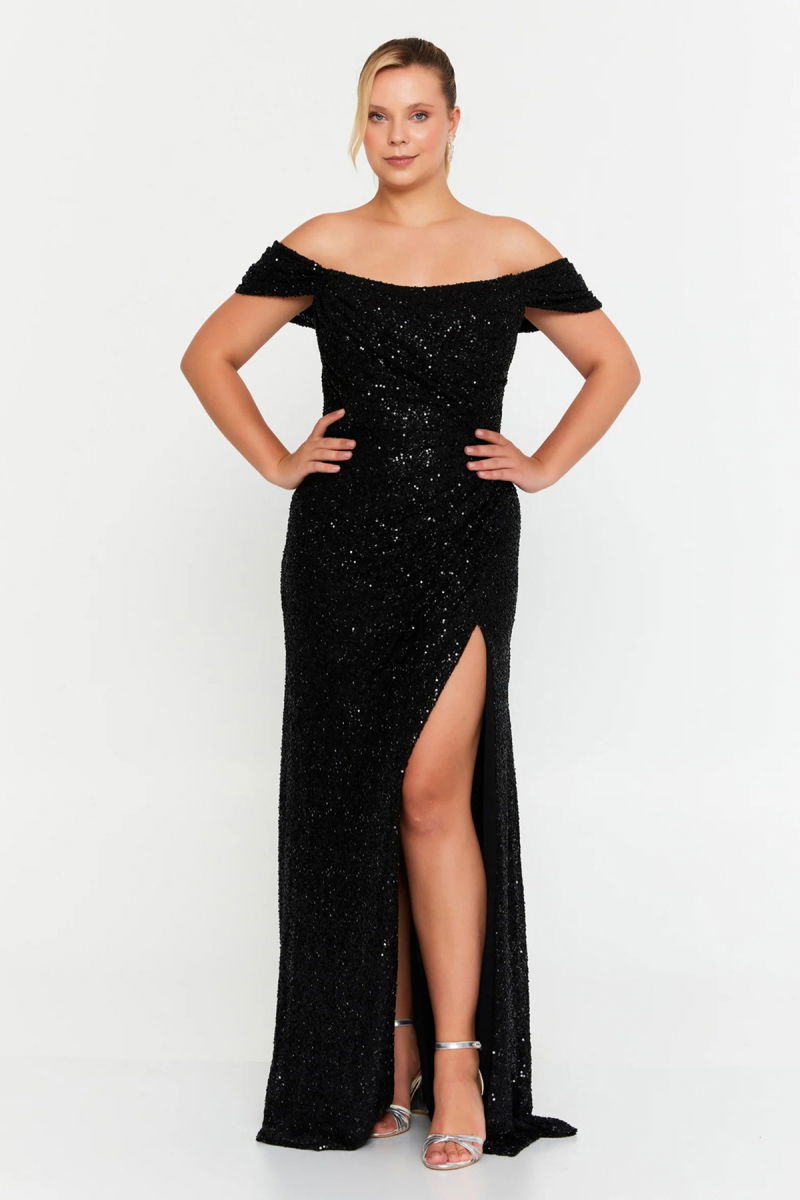 Şeref Vural Kadın Büyük Beden Pul Payet Düşük Omuz Maxi Abiye Elbise 8393 Siyah - Şeref Vural