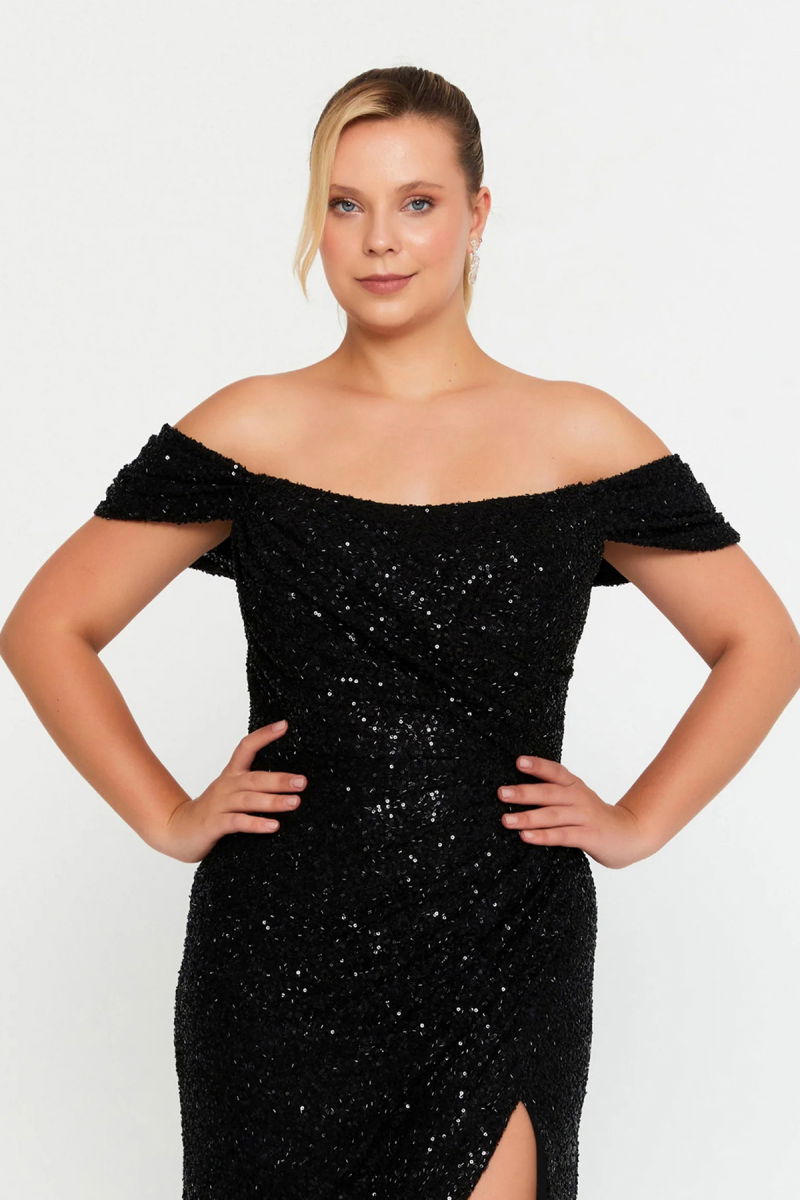 Şeref Vural Kadın Büyük Beden Pul Payet Düşük Omuz Maxi Abiye Elbise 8393 Siyah - 3