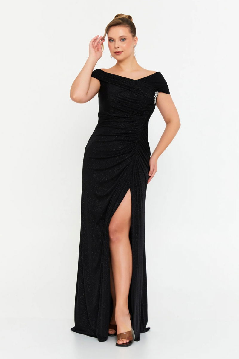 Şeref Vural Kadın Büyük Beden Simli Derin Yırtmaçlı Maxi Abiye Elbise 8210 Siyah - Şeref Vural