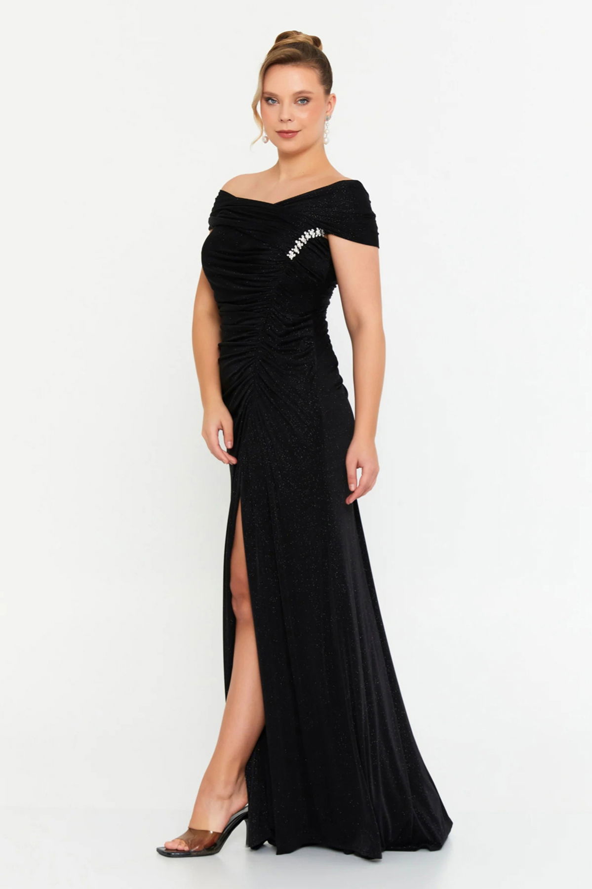 Şeref Vural Kadın Büyük Beden Simli Derin Yırtmaçlı Maxi Abiye Elbise 8210 Siyah - 2