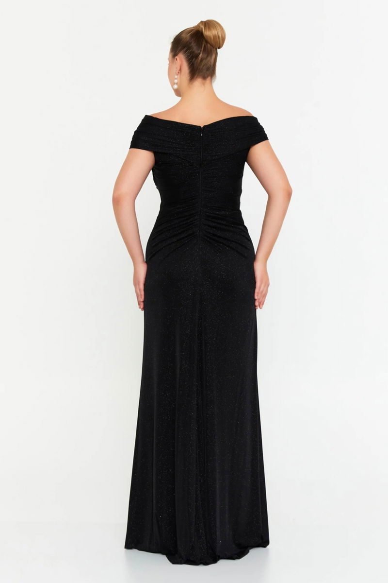 Şeref Vural Kadın Büyük Beden Simli Derin Yırtmaçlı Maxi Abiye Elbise 8210 Siyah - 4