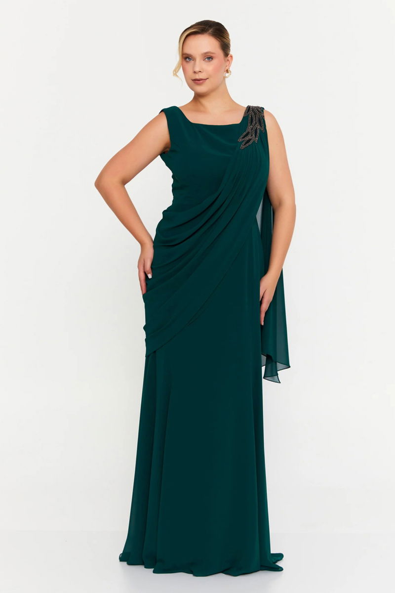 Şeref Vural Kadın Büyük Beden Tek Omuz İşlemeli Maxi Abiye Elbise 6707 Nefti - Şeref Vural