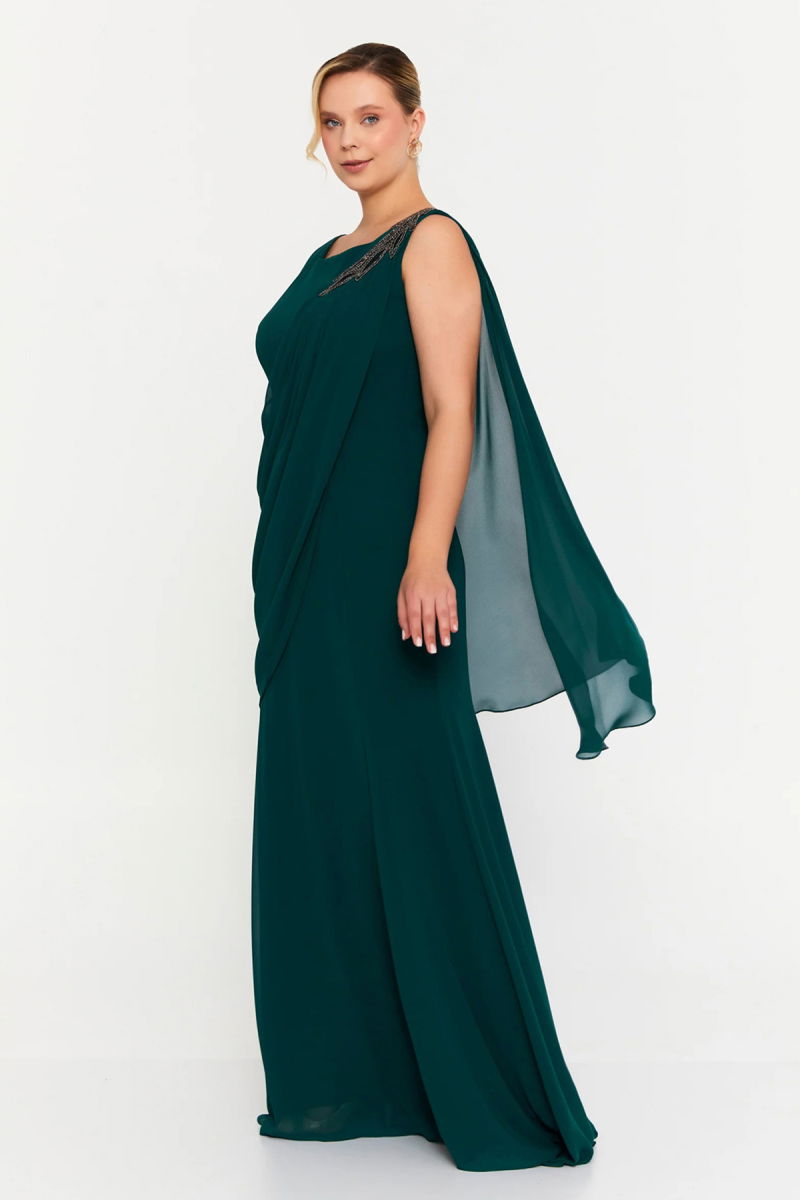 Şeref Vural Kadın Büyük Beden Tek Omuz İşlemeli Maxi Abiye Elbise 6707 Nefti - 2