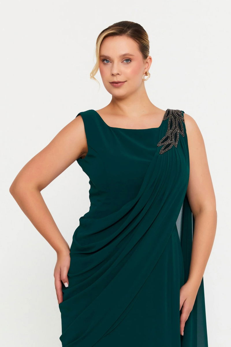 Şeref Vural Kadın Büyük Beden Tek Omuz İşlemeli Maxi Abiye Elbise 6707 Nefti - 3