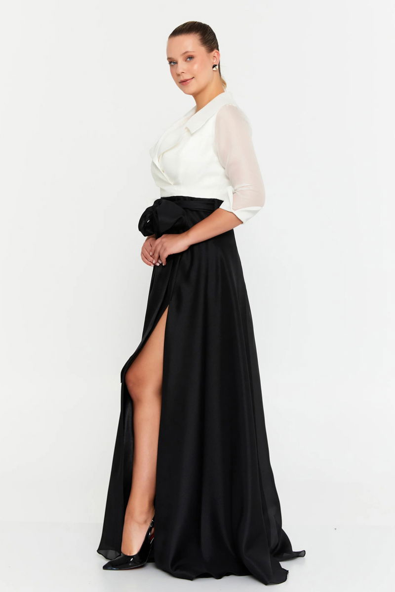 Şeref Vural Kadın Ceket Yaka Yarım Kol Geniş Beden Aralıklı Uzun Abiye Elbise 8460 Siyah-Beyaz - 2