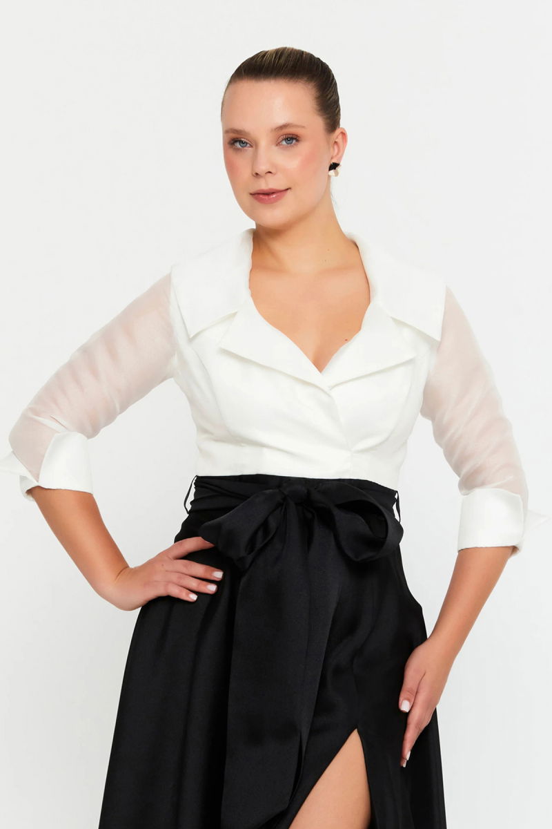 Şeref Vural Kadın Ceket Yaka Yarım Kol Geniş Beden Aralıklı Uzun Abiye Elbise 8460 Siyah-Beyaz - 3