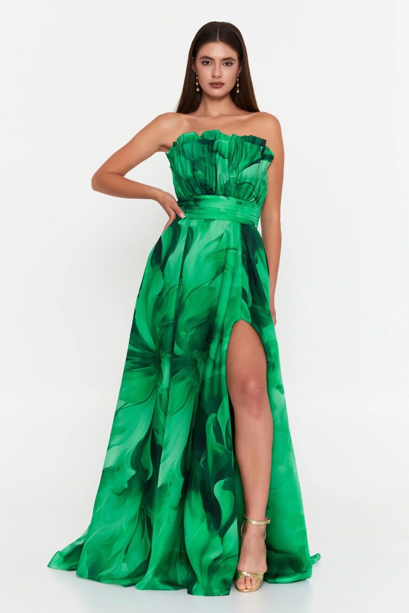 Şeref Vural Kadın Çiçek Desenli Straplez Şifon Uzun Abiye Elbise 8390 Yeşil - Şeref Vural