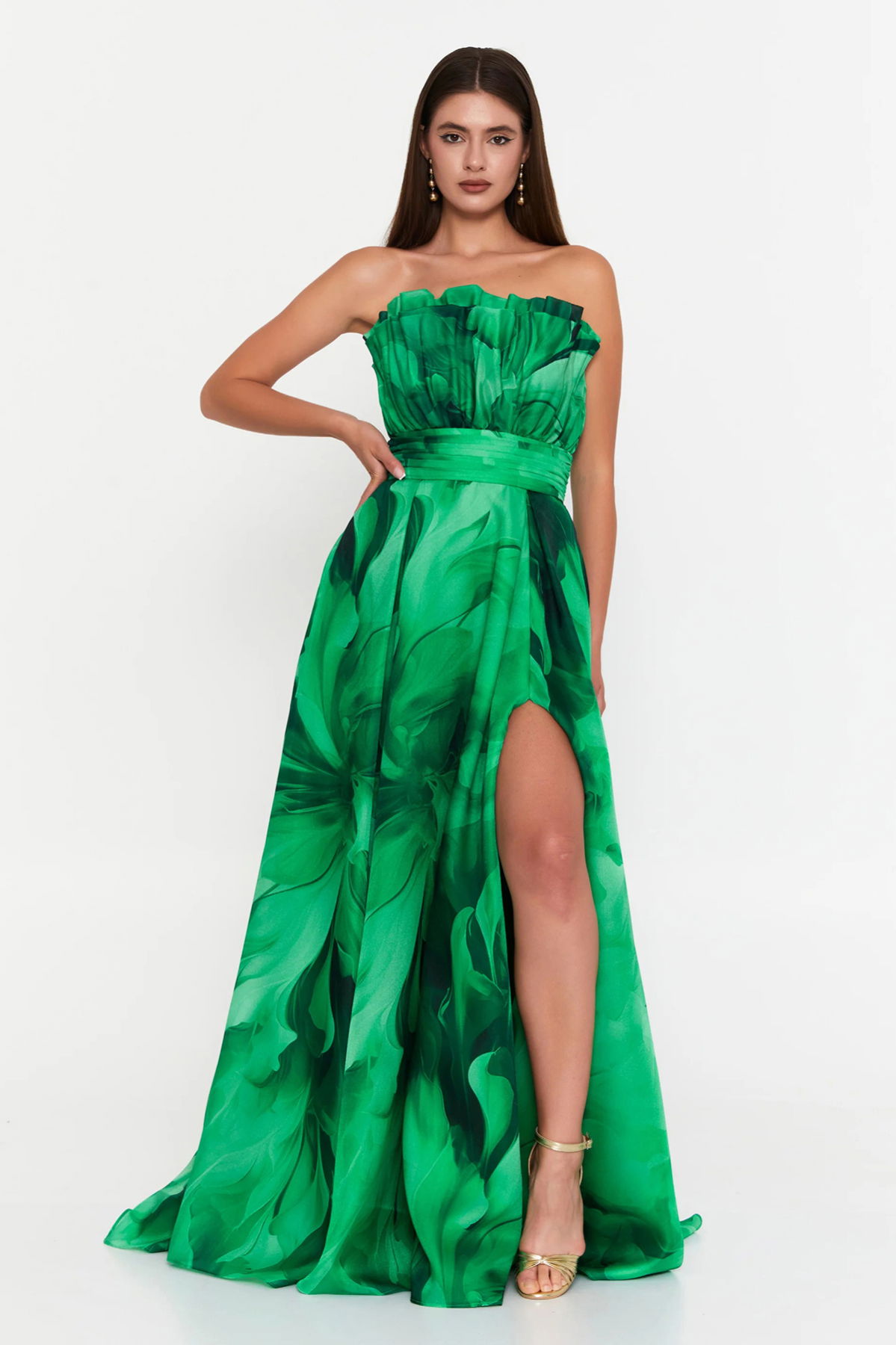 Şeref Vural Kadın Çiçek Desenli Straplez Şifon Uzun Abiye Elbise 8390 Yeşil - 1