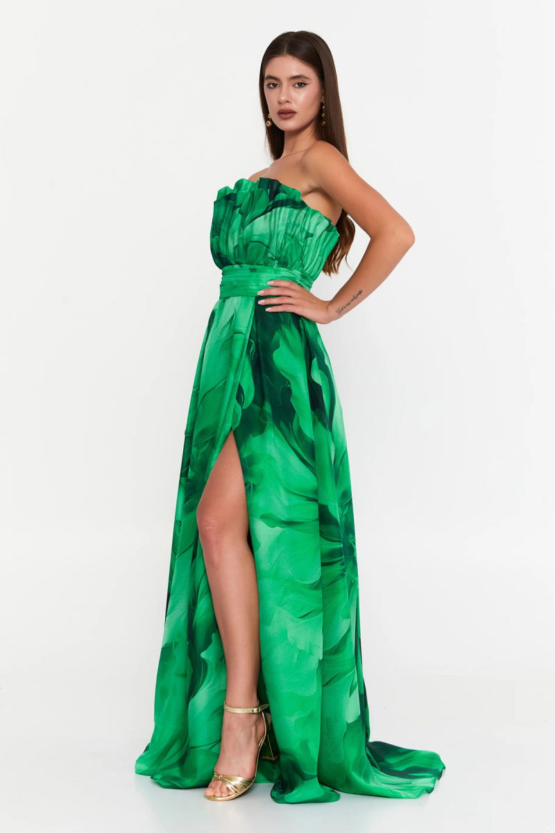 Şeref Vural Kadın Çiçek Desenli Straplez Şifon Uzun Abiye Elbise 8390 Yeşil - 2