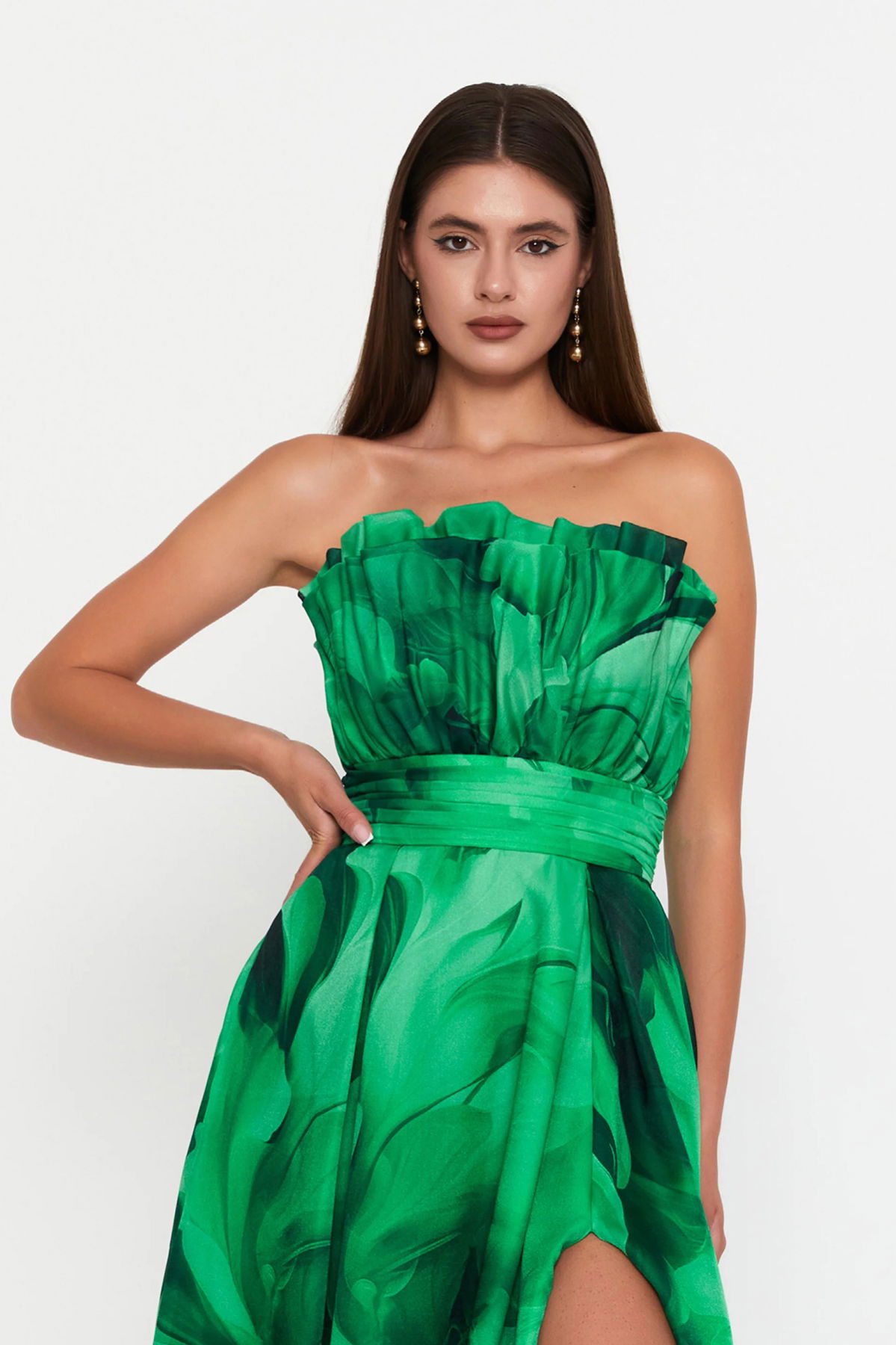 Şeref Vural Kadın Çiçek Desenli Straplez Şifon Uzun Abiye Elbise 8390 Yeşil - 3