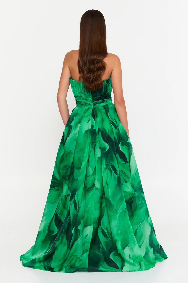 Şeref Vural Kadın Çiçek Desenli Straplez Şifon Uzun Abiye Elbise 8390 Yeşil - 4