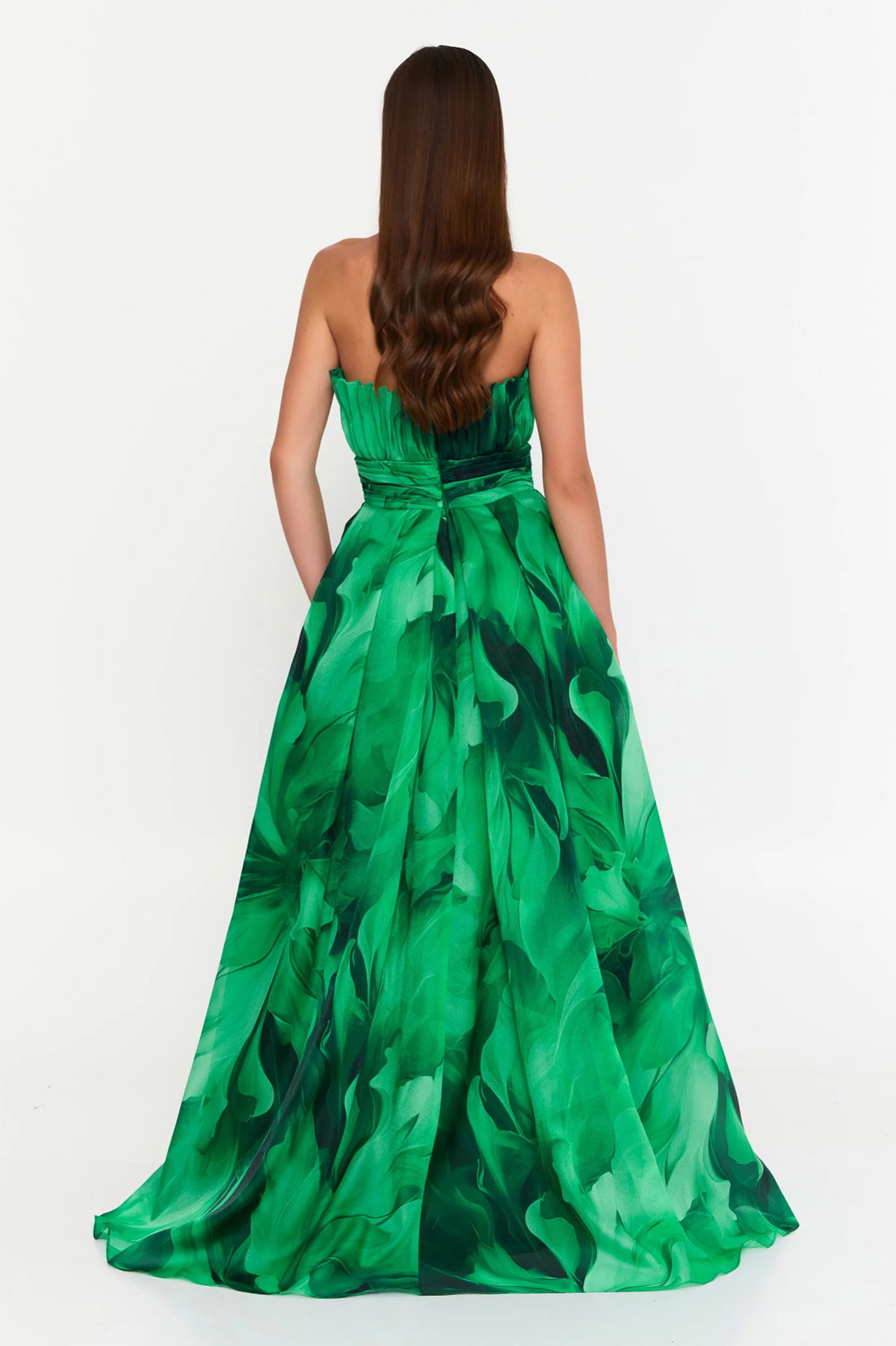 Şeref Vural Kadın Çiçek Desenli Straplez Şifon Uzun Abiye Elbise 8390 Yeşil - 4