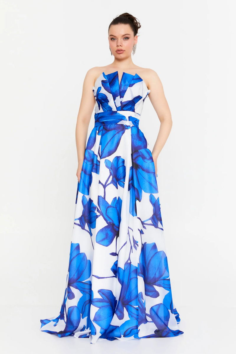 Şeref Vural Kadın Çiçek Desenli Straplez Uzun Abiye Elbise 8357 Mavi - Şeref Vural