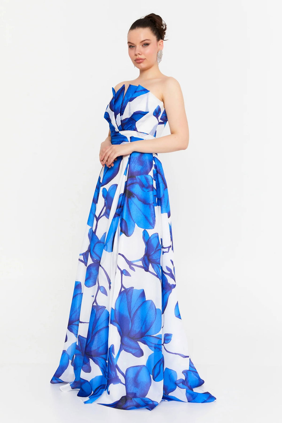 Şeref Vural Kadın Çiçek Desenli Straplez Uzun Abiye Elbise 8357 Mavi - 2