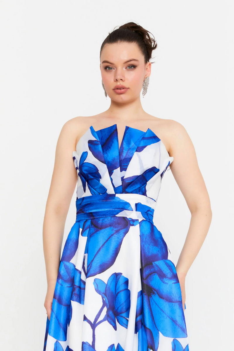 Şeref Vural Kadın Çiçek Desenli Straplez Uzun Abiye Elbise 8357 Mavi - 3