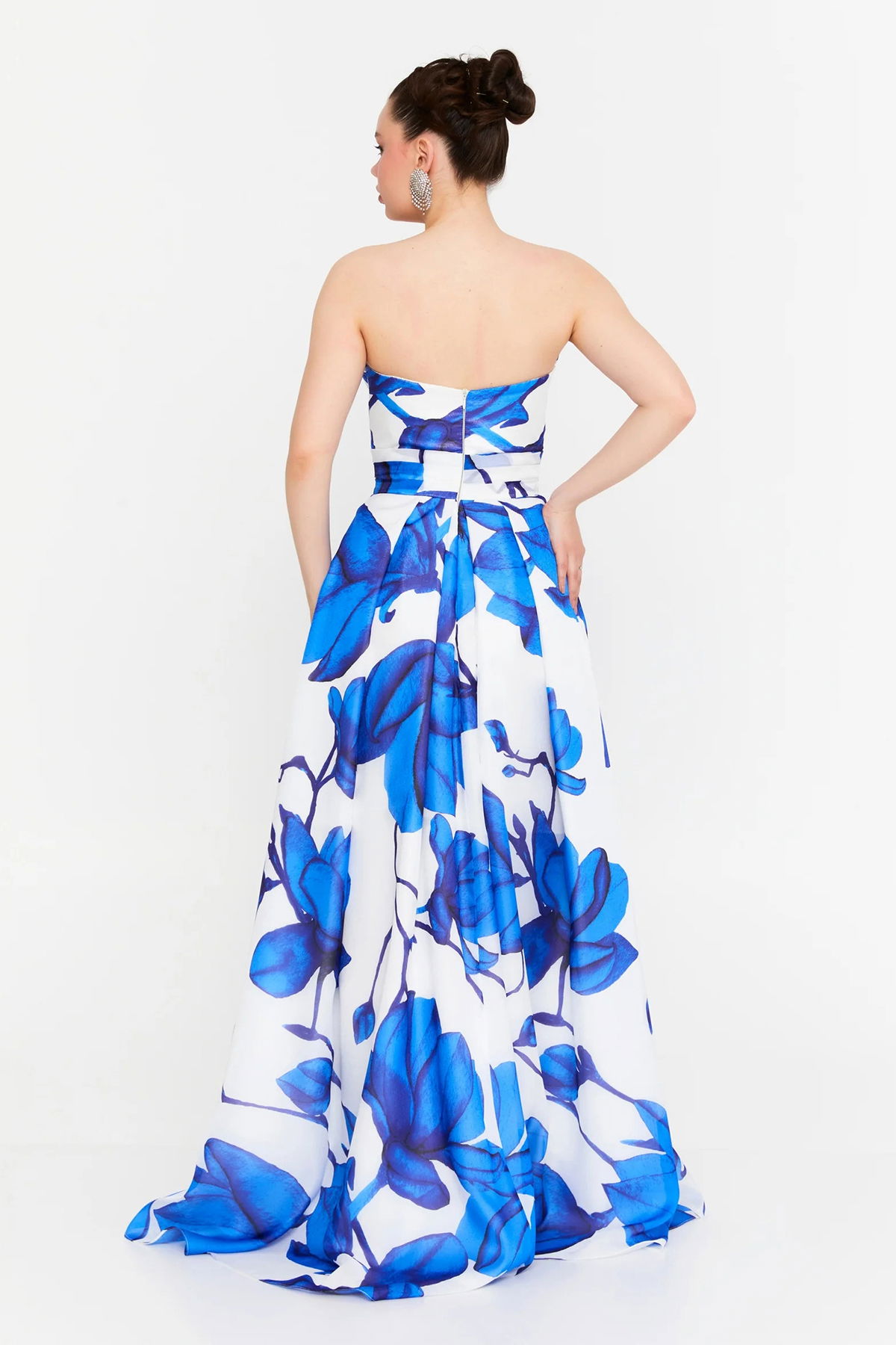 Şeref Vural Kadın Çiçek Desenli Straplez Uzun Abiye Elbise 8357 Mavi - 4