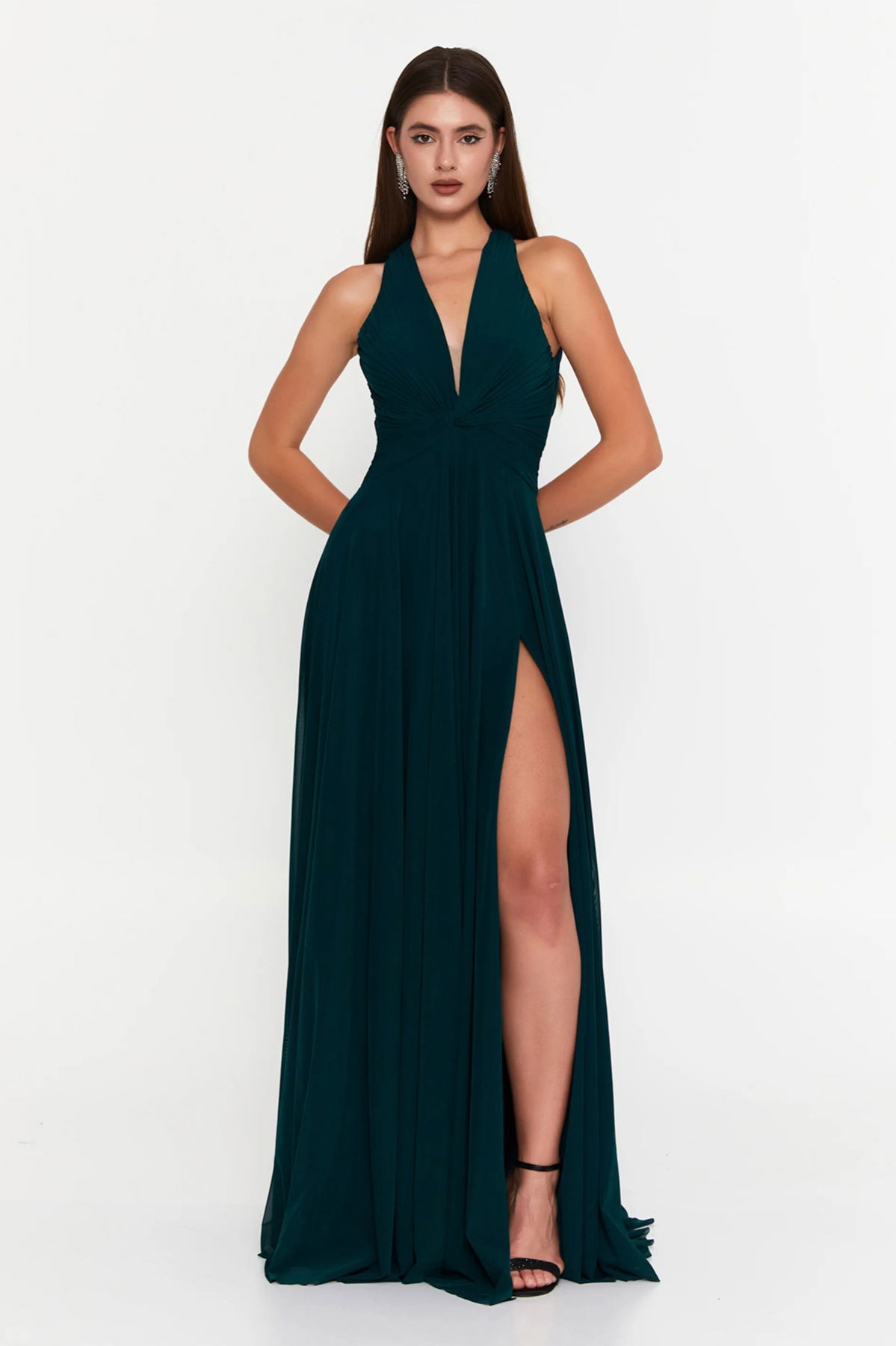 Şeref Vural Kadın Derin V Yaka Yırtmaçlı Maxi Abiye Elbise 8344 Nefti - 1