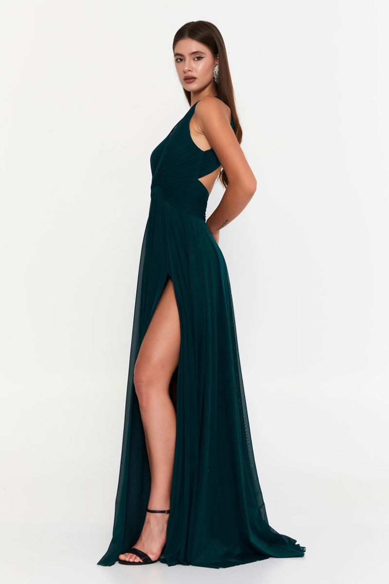 Şeref Vural Kadın Derin V Yaka Yırtmaçlı Maxi Abiye Elbise 8344 Nefti - 2