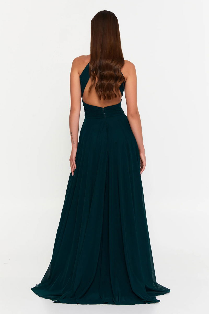 Şeref Vural Kadın Derin V Yaka Yırtmaçlı Maxi Abiye Elbise 8344 Nefti - 4