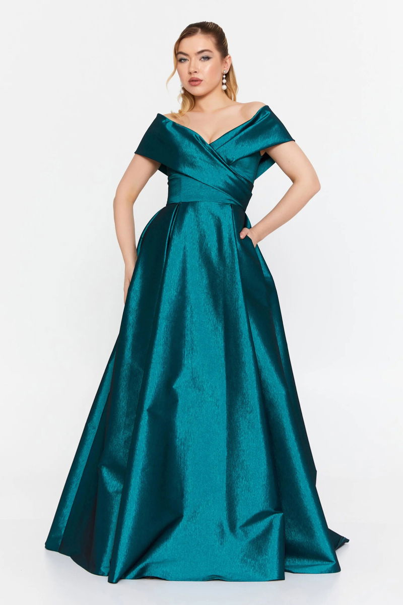 Şeref Vural Kadın Düşük Omuz Derin Yırtmaçlı Maxi Abiye Elbise 8363 Petrol - Şeref Vural