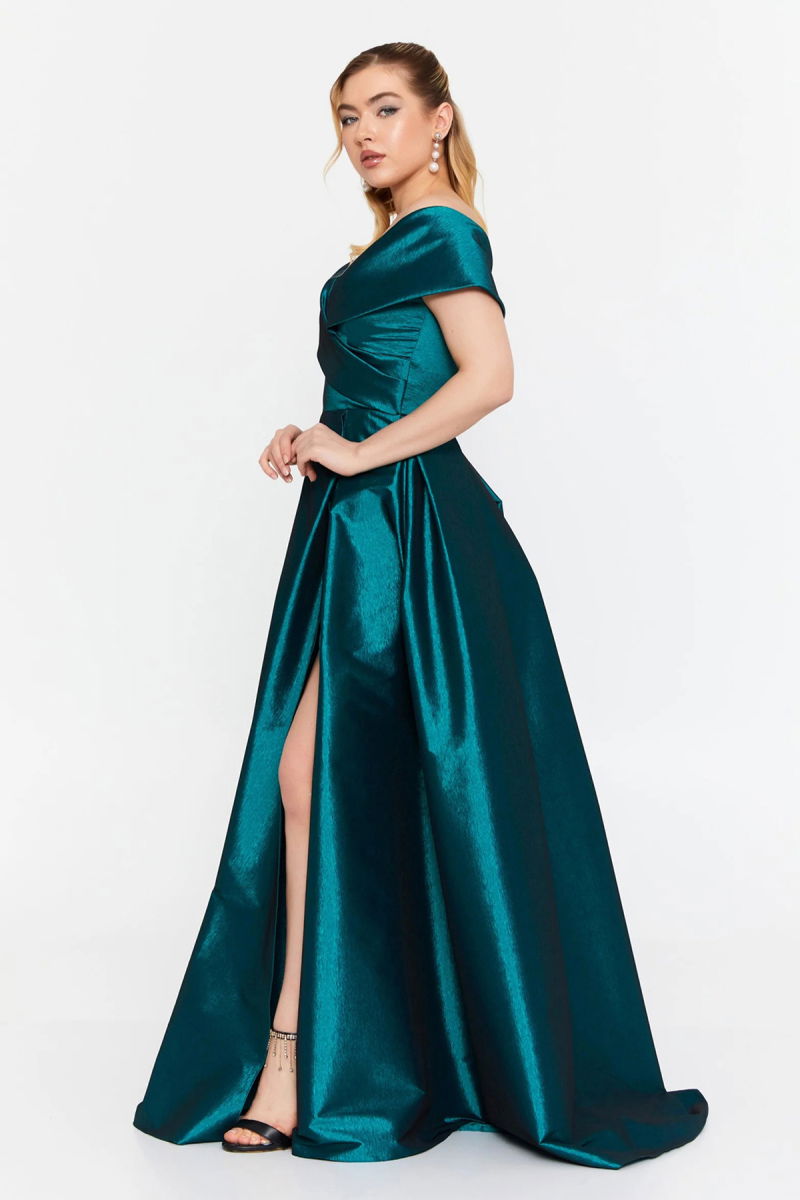 Şeref Vural Kadın Düşük Omuz Derin Yırtmaçlı Maxi Abiye Elbise 8363 Petrol - 2