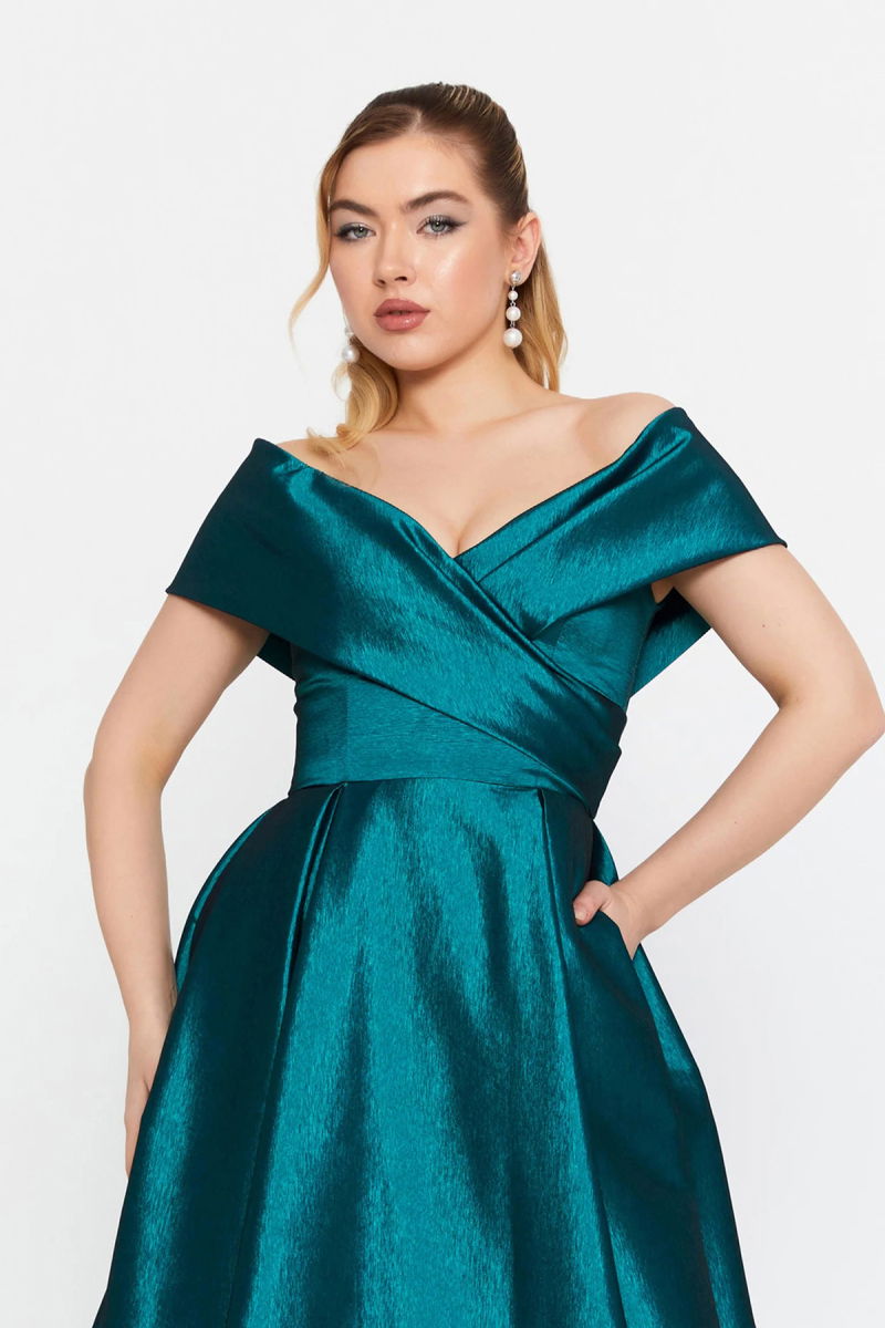 Şeref Vural Kadın Düşük Omuz Derin Yırtmaçlı Maxi Abiye Elbise 8363 Petrol - 3