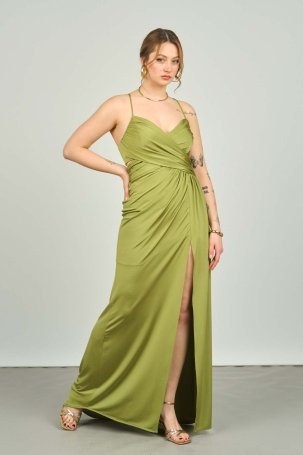 Şeref Vural Kadın İp Askılı Derin Yırtmaçlı Uzun Abiye Elbise 8053 Fıstık Yeşili - 1