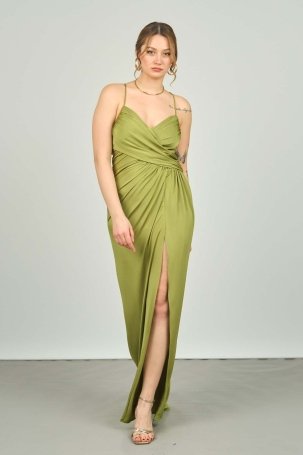 Şeref Vural Kadın İp Askılı Derin Yırtmaçlı Uzun Abiye Elbise 8053 Fıstık Yeşili - 2