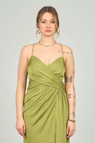 Şeref Vural Kadın İp Askılı Derin Yırtmaçlı Uzun Abiye Elbise 8053 Fıstık Yeşili - 4