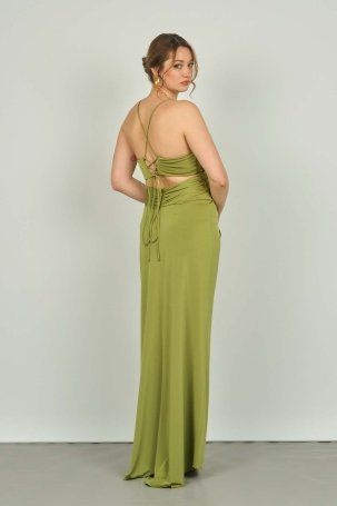 Şeref Vural Kadın İp Askılı Derin Yırtmaçlı Uzun Abiye Elbise 8053 Fıstık Yeşili - 5
