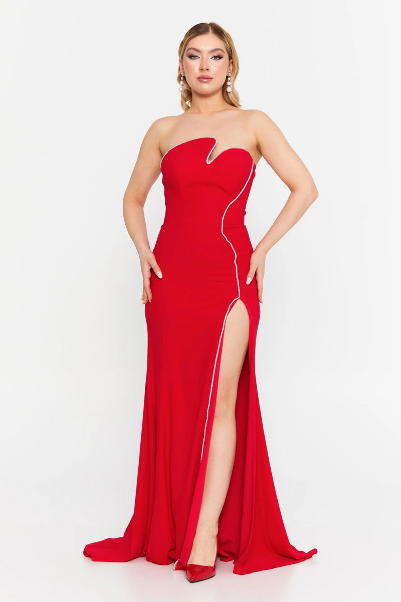 Şeref Vural Kadın Straplez Derin Yırtmaçlı Balık Form Abiye Elbise 8266 Kırmızı - Şeref Vural