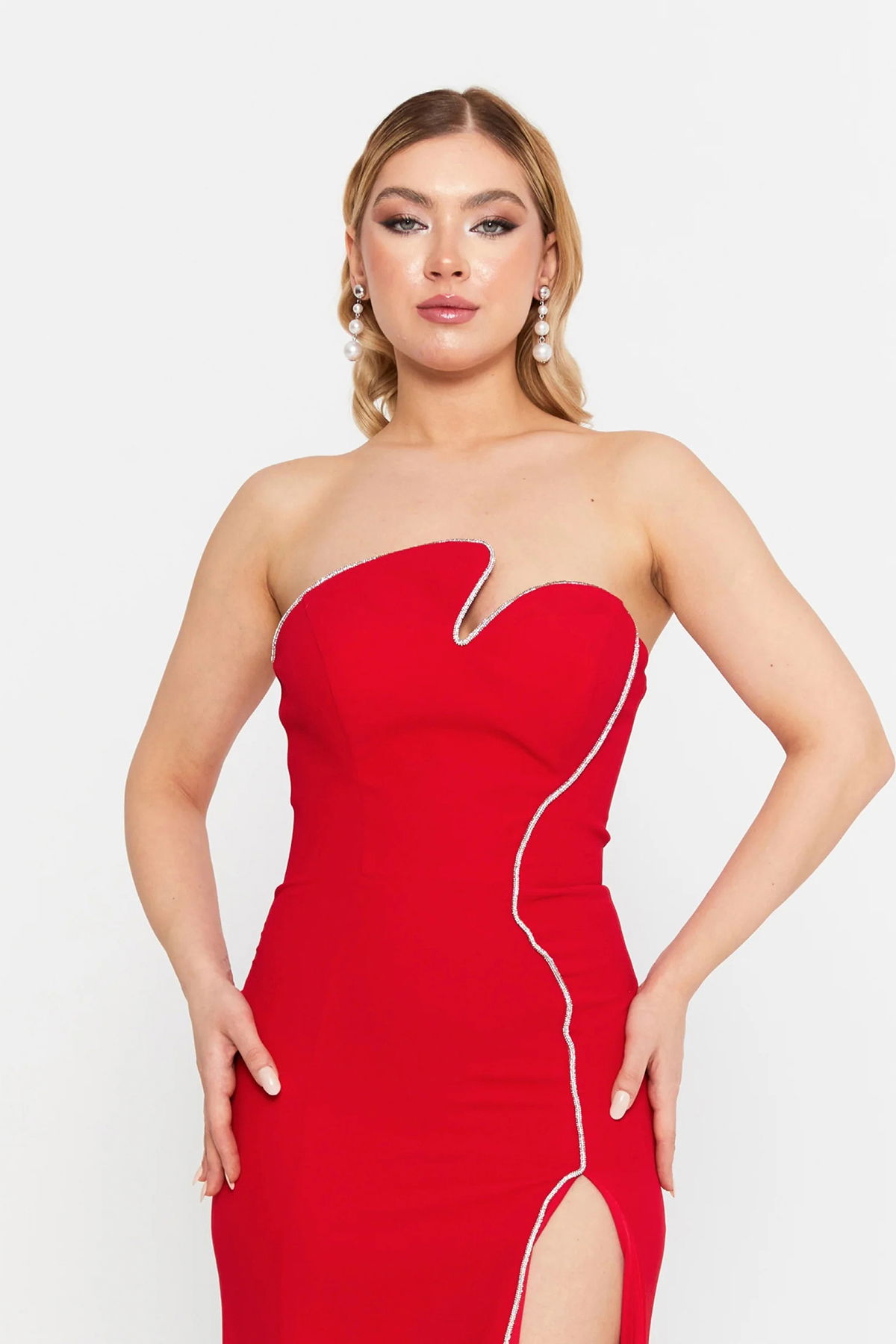 Şeref Vural Kadın Straplez Derin Yırtmaçlı Balık Form Abiye Elbise 8266 Kırmızı - 3