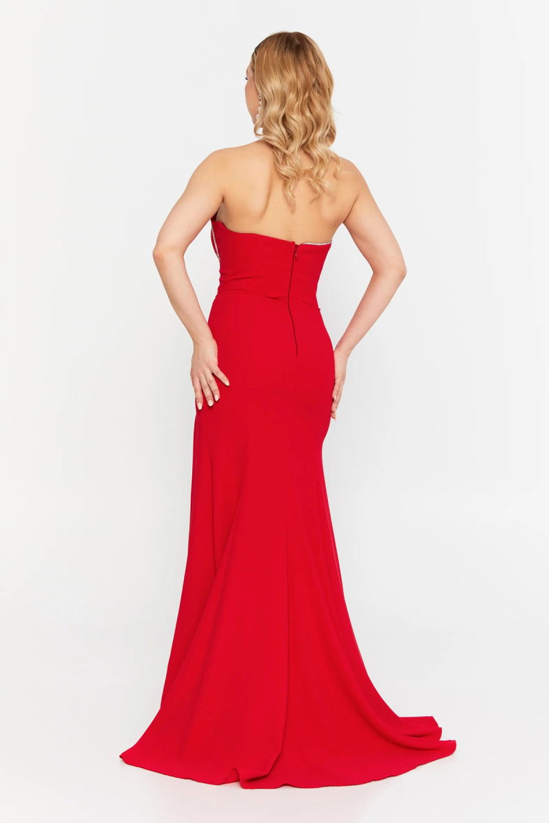 Şeref Vural Kadın Straplez Derin Yırtmaçlı Balık Form Abiye Elbise 8266 Kırmızı - 4