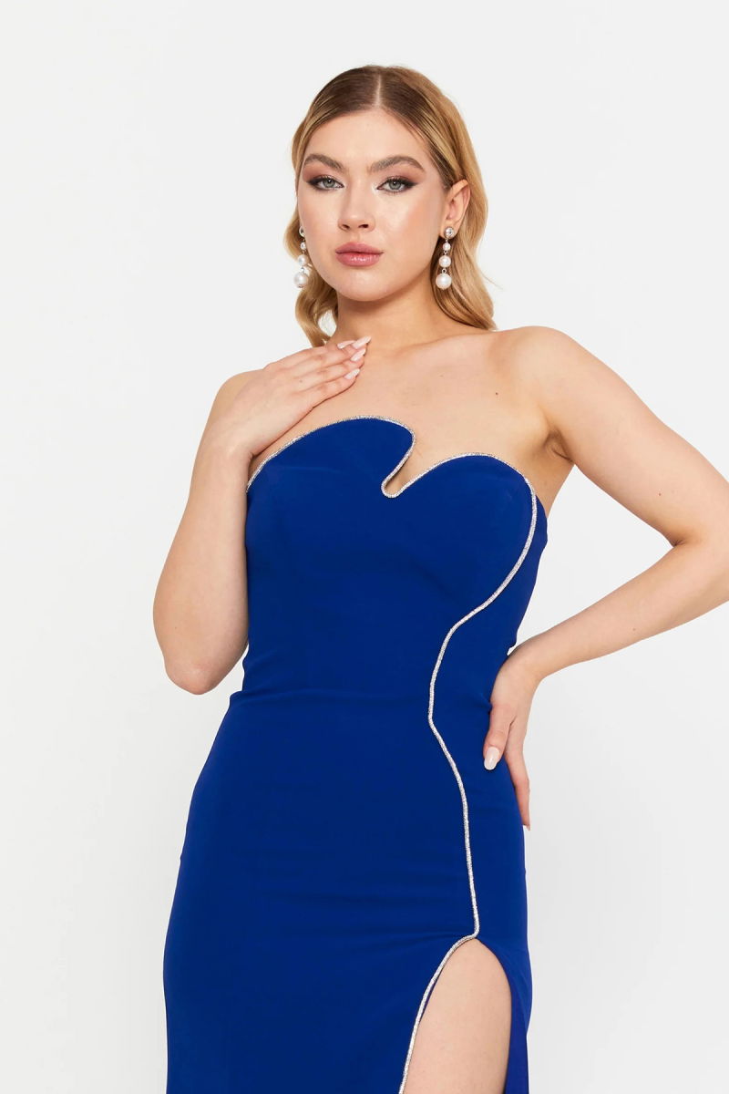 Şeref Vural Kadın Straplez Derin Yırtmaçlı Balık Form Abiye Elbise 8266 Saks - 3