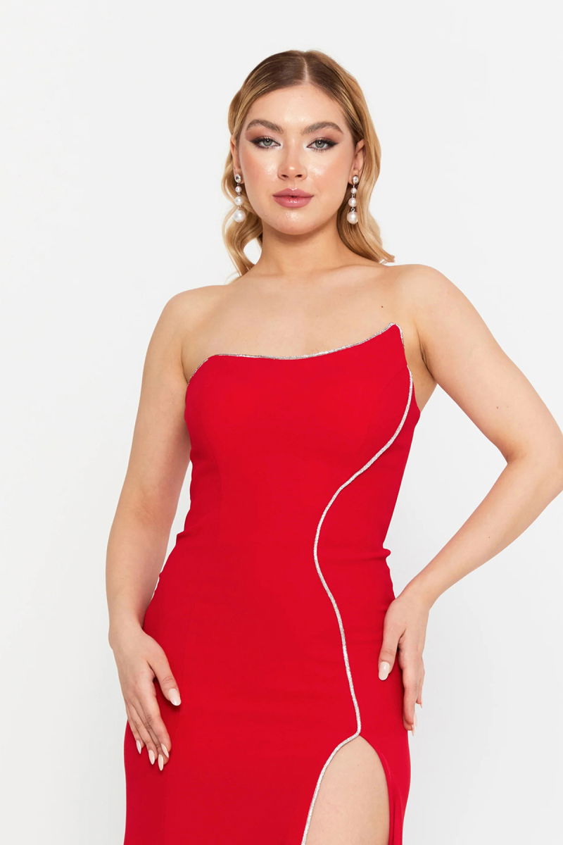 Şeref Vural Kadın Straplez Derin Yırtmaçlı Geniş Beden Aralıklı Uzun Abiye Elbise 8262 Kırmızı - 3