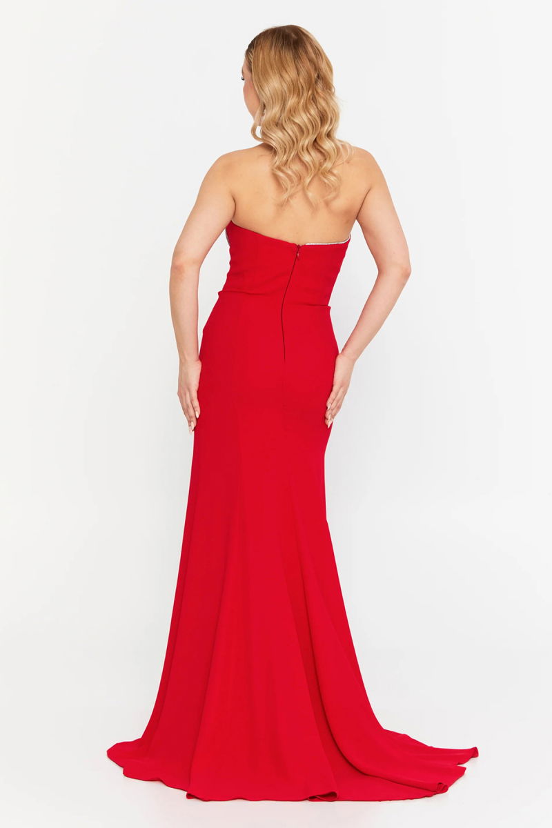 Şeref Vural Kadın Straplez Derin Yırtmaçlı Geniş Beden Aralıklı Uzun Abiye Elbise 8262 Kırmızı - 4